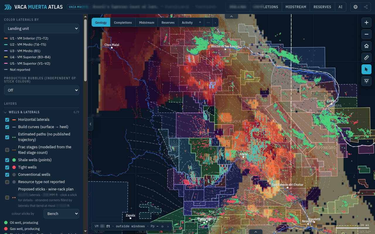 Vaca Muerta Atlas map of the whole basin: wells, blocks, fluid windows, rivers and towns